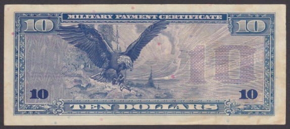 $10 American Indian military payment certificate (reverse) Reverse of military payment certificate picturing bald eagle in flight