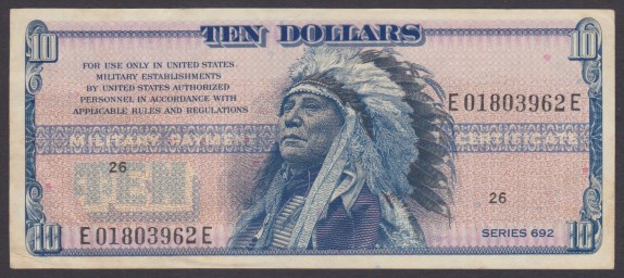 $10 American Indian military payment certificate Front of miliary payment certificate picturing American Indian