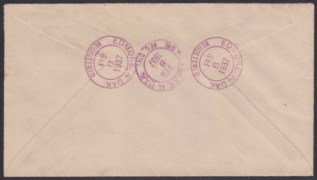 Reverse of cover bearing Edmore, North Dakota, and Devils Lake, North Dakota, postmarks