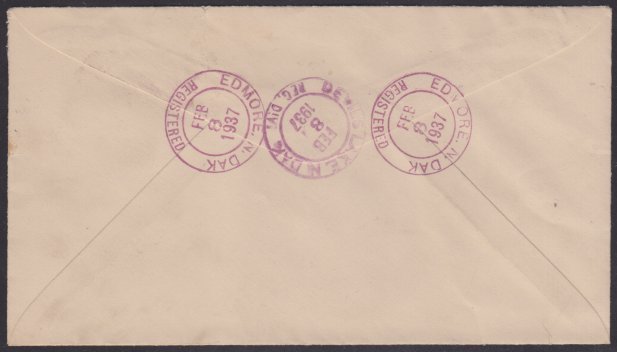 14¢ American Indian registered cover mailed from Edmore, North Dakota (reverse) Reverse of cover bearing Edmore, North Dakota, and Devils Lake, North Dakota, postmarks