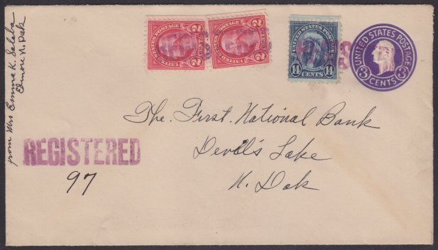 14¢ American Indian registered cover mailed from Edmore, North Dakota Front of stamped envelope bearing 14-cent American Indian stamp and pair of 2-cent George Washington stamps