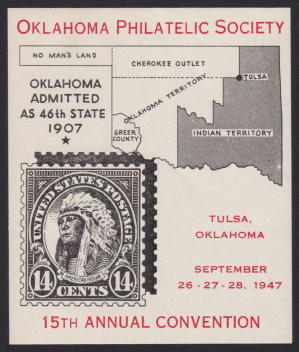 Oklahoma Philatelic Society 15th Annual Convention souvenir sheet with reproduction of 14-cent American Indian stamp