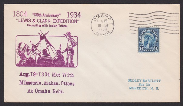 Front of cover bearing 14-cent American Indian stamp and Lewis & Clark Expedition/Omaha, Nebraska, cachet