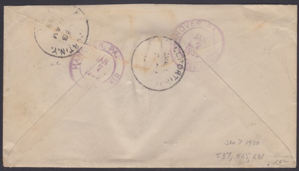 Reverse of cover bearing Hanover, Pennsylvania, and Bellport, New York, postmarks