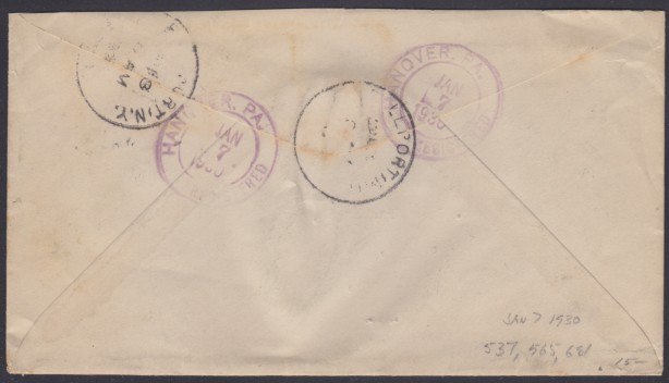 14¢ American Indian registered cover mailed from Hanover, Pennsylvania (reverse) Reverse of cover bearing Hanover, Pennsylvania, and Bellport, New York, postmarks