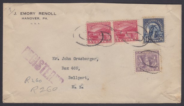 14¢ American Indian registered cover mailed from Hanover, Pennsylvania Front of cover bearing 14-cent American Indian stamp, pair of 2-cent Ohio River Canalization stamps, and 3-cent Victory stamp