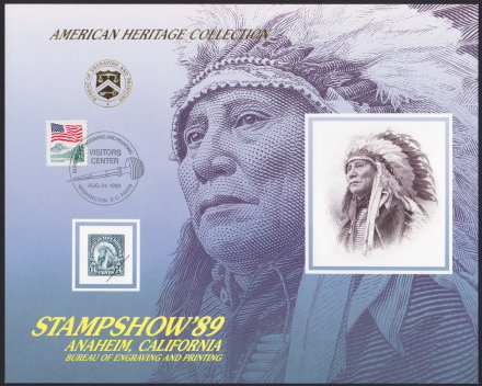 Front of souvenir card picturing 14-cent American Indian stamp and engraving of vignette