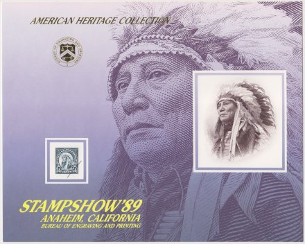 Front of souvenir card picturing 14-cent American Indian stamp and engraving of vignette