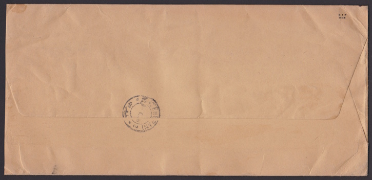 14¢ American Indian cover mailed from New York, New York (reverse) Reverse of cover
