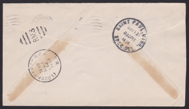 14¢ American Indian registered cover mailed from Walsenburg, Colorado (reverse) Reverse of cover bearing Walsenburg, Colorado, and Denver, Colorado, postmarks