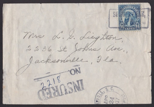 Front of parcel fragment bearing 14-cent American Indian stamp and postmarked in Summerville, South Carolina