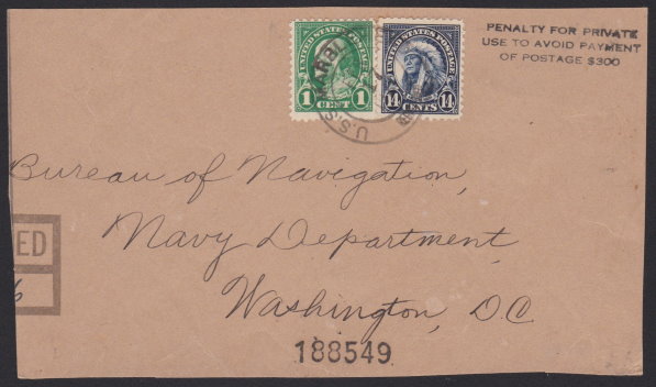 Front of parcel fragment bearing 1-cent Benjamin Franklin stamp and 14-cent American Indian stamp