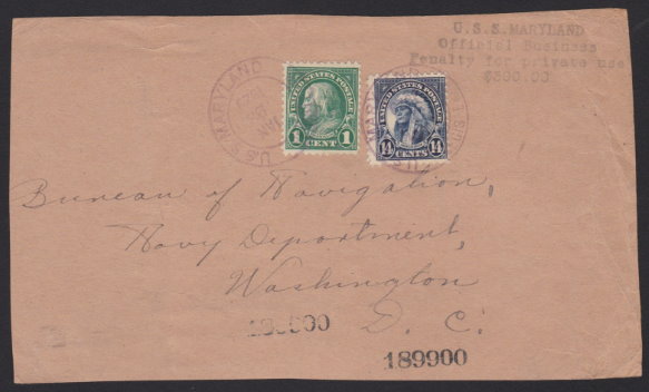 Front of parcel fragment bearing 1-cent Benjamin Franklin stamp and 14-cent American Indian stamp
