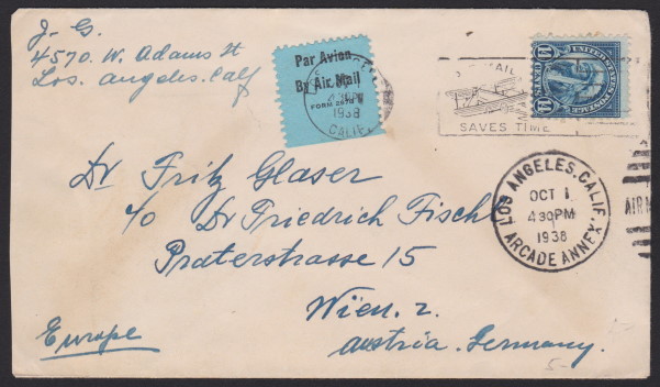14¢ American Indian cover mailed from Los Angeles, California, to Vienna, Austria, Germany Front of cover bearing 14-cent American Indian stamp