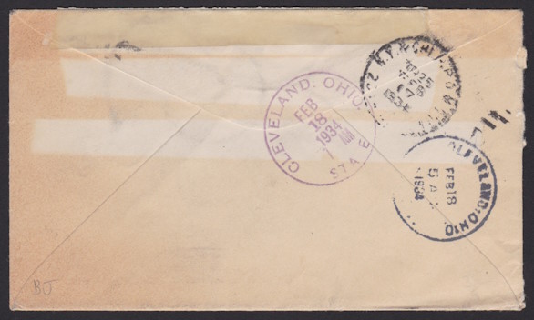 Reverse of cover bearing New York & Chicago RPO and Cleveland, Ohio, postmarks