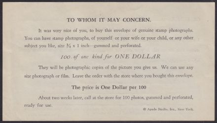 Back of insert accompanying photo stamps