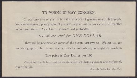 Back of insert accompanying photo stamps