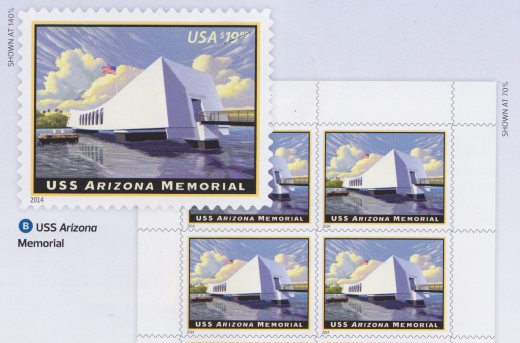 USS Arizona Memorial stamps without denomination Illustration showing USS Arizona Memorial stamps without denomination
