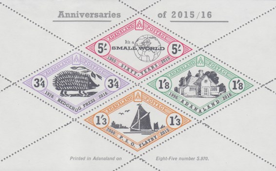 Adanaland minisheet containing four diamond-shaped stamps