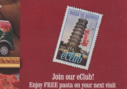 Fantasy stamp pictured in Buca di Beppo advertisement