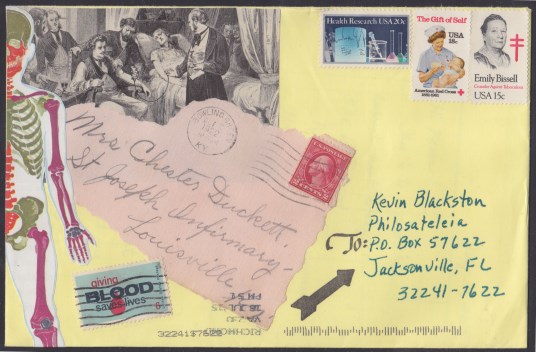 Infirmary cover Cover bearing portion of old envelope and illustration of woman on sickbed