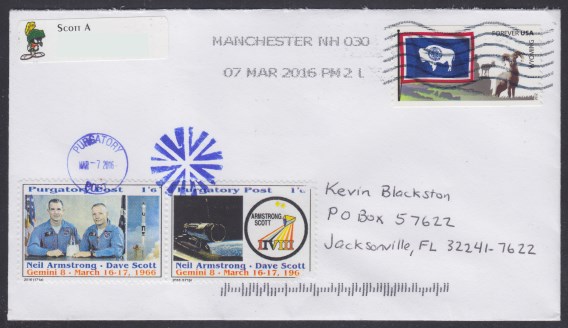 Cover bearing a pair of Purgatory Post's Gemini 8 stamps