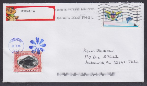 Purgatory Post Rowell’s Bridge cover Cover bearing a copy of Purgatory Post's Rowell's Bridge stamp