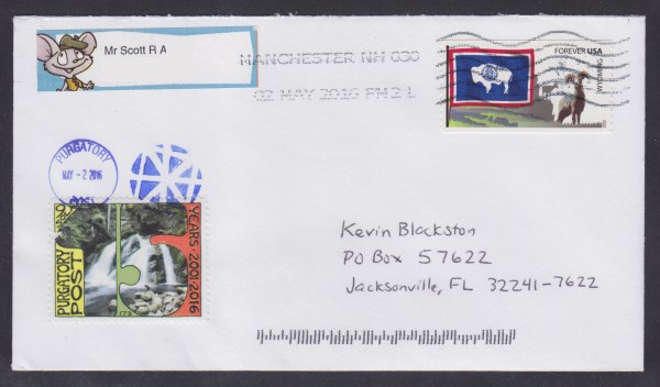 Purgatory Post Upper Purgatory Falls cover Cover bearing a copy of Purgatory Post's Upper Purgatory Falls stamp