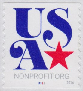 Non-denominated 5-cent U.S. postage stamp picturing blue 'USA' and red star