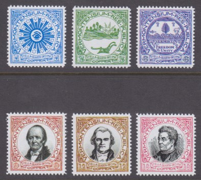 Vermont Republic fantasy stamps 1-, 3-, 6-, 9-, 12-, and 18-copper Vermont Republic fantasy stamps