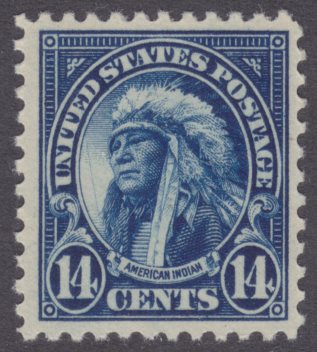 14-cent American Indian stamp with diagonal scratch running across vignette