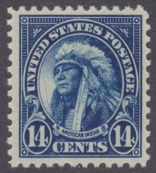 14¢ American Indian stamp with plate flaw 14-cent American Indian stamp with diagonal scratch running across vignette