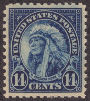 14-cent American Indian stamp with diagonal scratches running across vignette