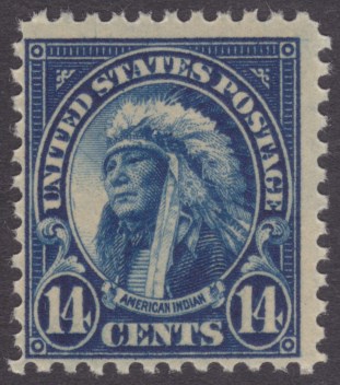 14-cent American Indian stamp with plate scratches in left quarter of vignette