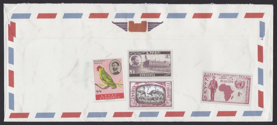 Back of envelope mailed by Orbis International depicting four Ethiopian stamps