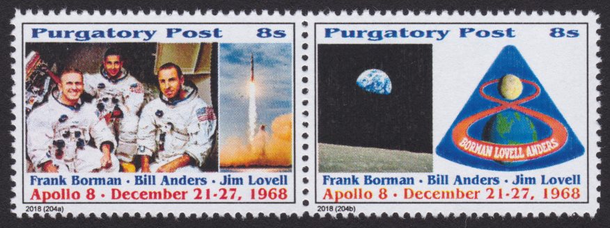Pair of Purgatory Post stamps picturing Apollo 8 crew, mission patch, and mission photos