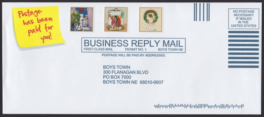 Boys Town business reply envelope bearing cinderella stamps depicting Christmas-related scenes