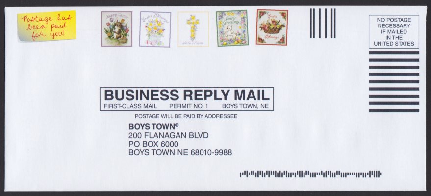 Boys Town business reply envelope with preprinted Easter stamp designs
