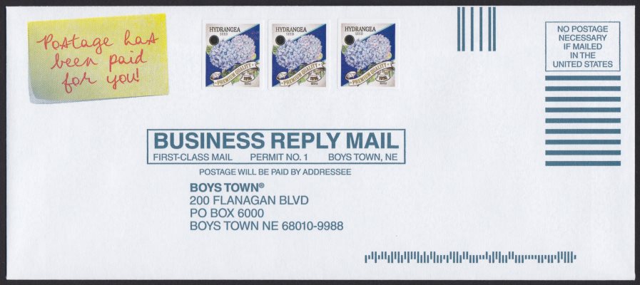 Boys Town business reply envelope bearing hydrangea cinderella stamps