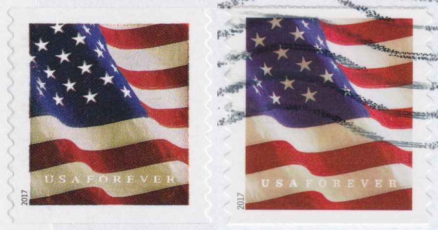 Counterfeit and genuine 2017 United States flag coil stamps
