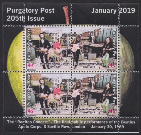 Purgatory Post The Beatles’ Rooftop Concert miniature sheet Miniature sheet containing four 4-sola Purgatory Post stamps picturing The Beatles performing on a London rooftop