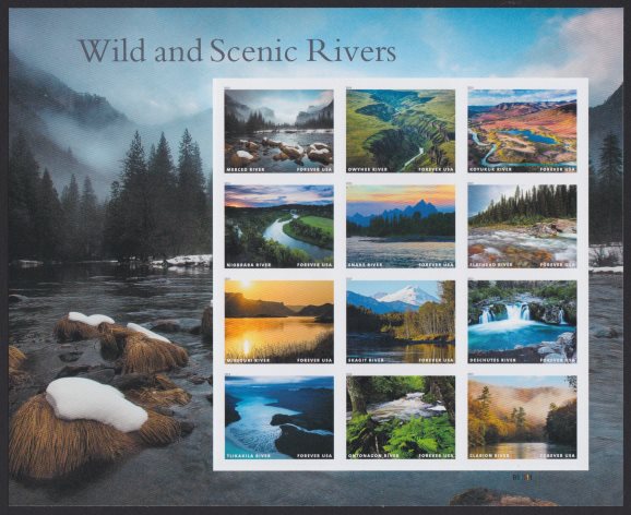 Pane of 12 United States stamps picturing American rivers