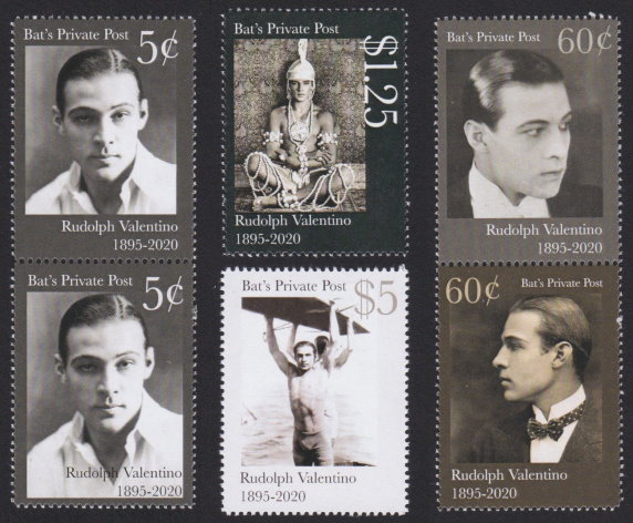 Six 5¢, 60¢, $1.25, and $5 Bat’s Private Post stamps picturing Rudolph Valentino