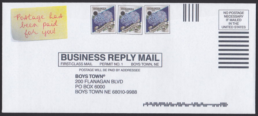 Boys Town business reply envelope bearing pre-printed hydrangea designs