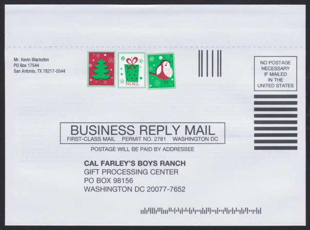 Cal Farley’s Boys Ranch business reply envelope with faux postage stamp designs