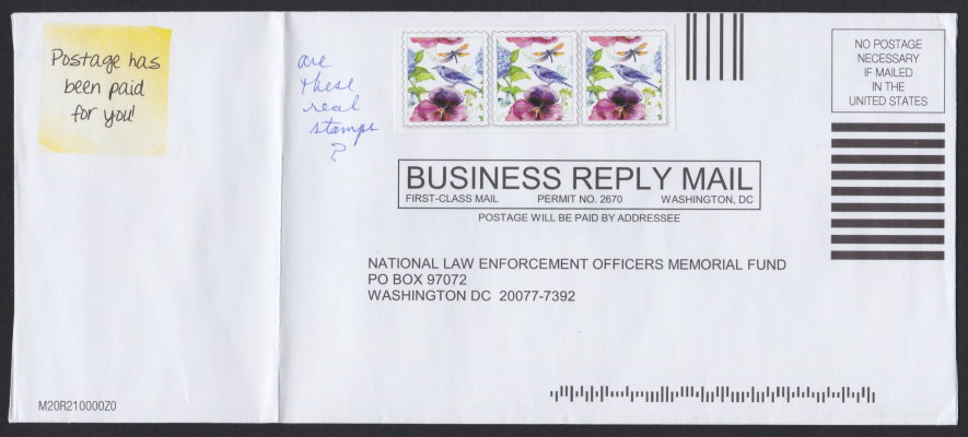 National Law Enforcement Officers Memorial Fund business reply envelope bearing label with blue jay and flower cinderella label