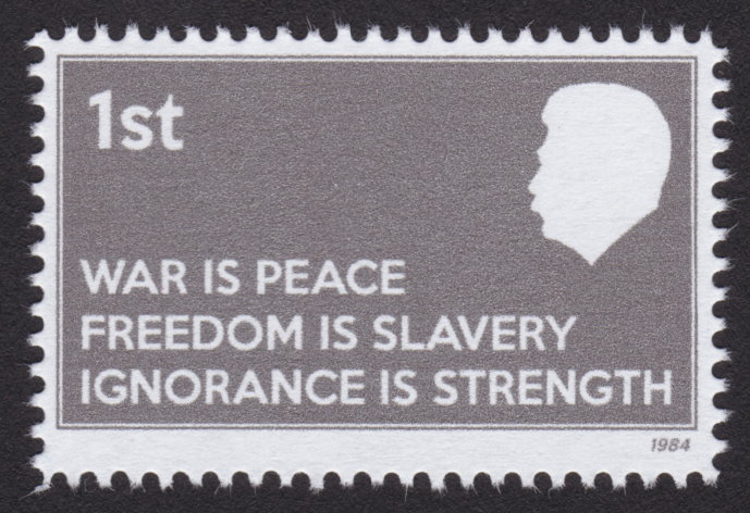 Oceania fantasy stamp bearing slogans “War is Peace,” “Freedom is Slavery,” and “Ignorance is Strength”