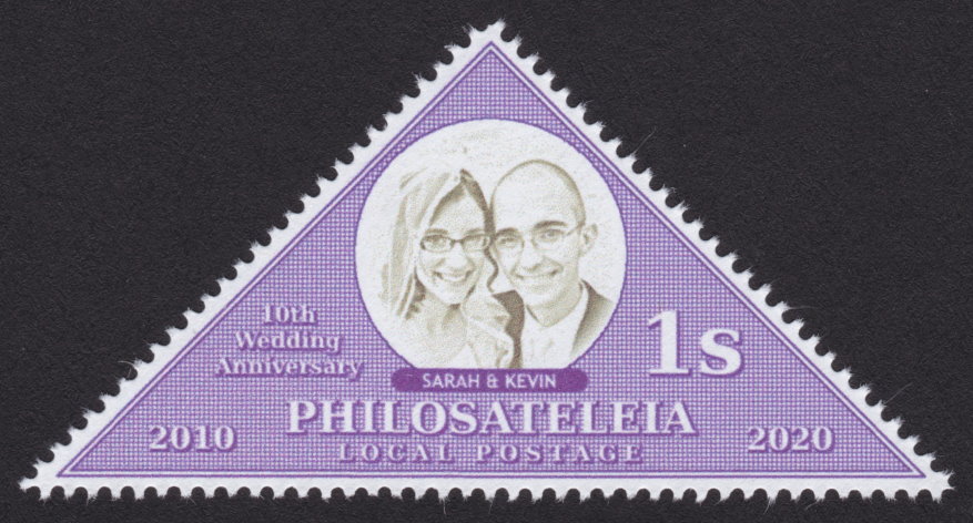 1-stamp Philosateleian Post stamp commemorating Sarah and Kevin’s 10th wedding anniversary