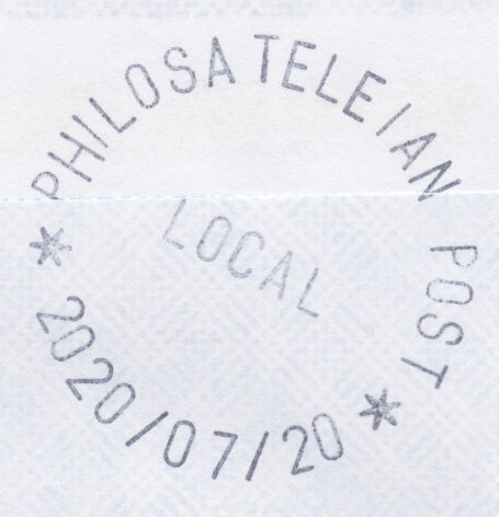 Philosateleian Post postmark with “PHILOSATELEIAN POST” at top of postmark, “LOCAL” at center, and full date at bottom