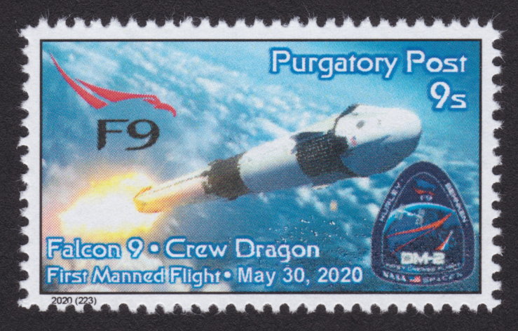 Purgatory Post 9-sola stamp picturing Falcon 9 & Crew Dragon